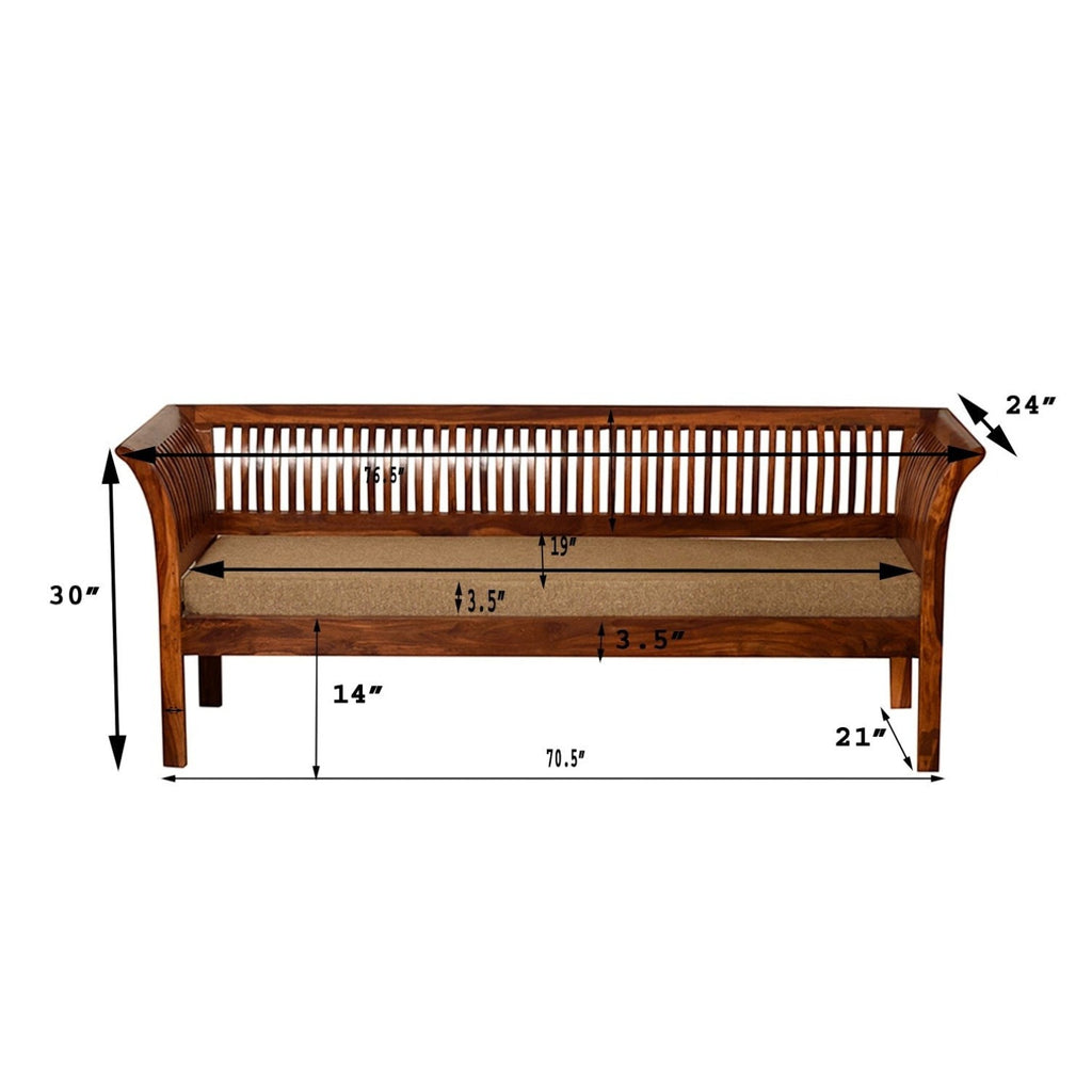 Homecrest Fairlight three-seater sofa in sheesham wood with slatted back, beige cushion, and detailed dimension labels.