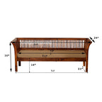 Homecrest Fairlight three-seater sofa in sheesham wood with slatted back, beige cushion, and detailed dimension labels.