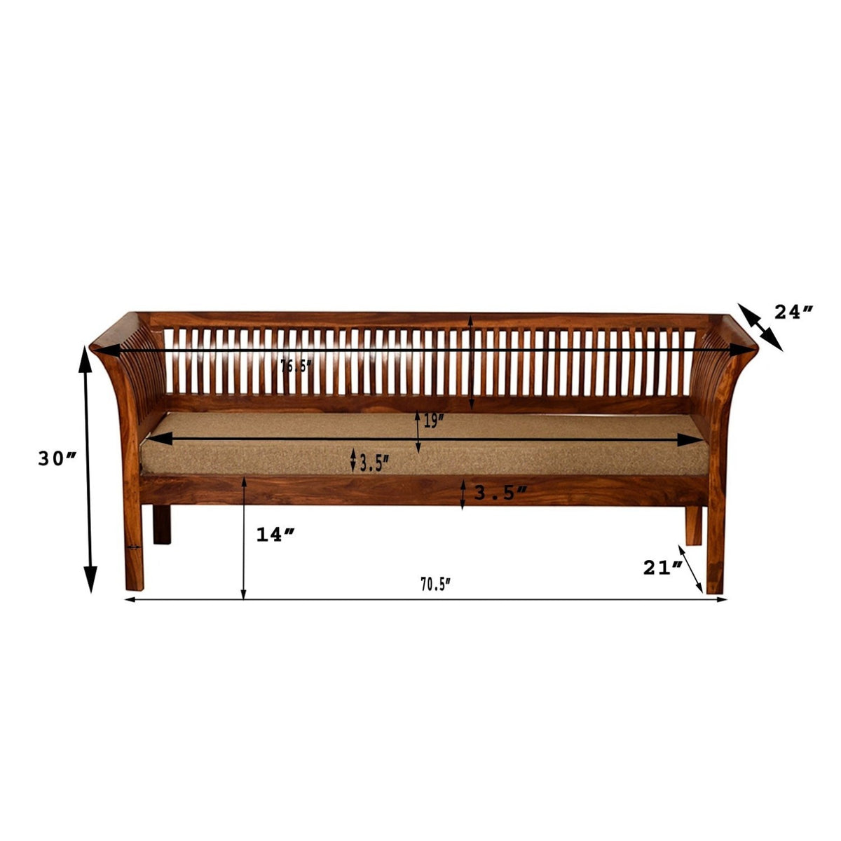 Homecrest Fairlight three-seater sofa in sheesham wood with slatted back, beige cushion, and detailed dimension labels.