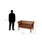 Homecrest Fairlight two-seater sofa in sheesham wood with brown cushions and slatted back, shown with scale dimensions.