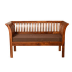 Homecrest Fairlight two-seater sofa in sheesham wood with slatted backrest and brown upholstered seat cushion