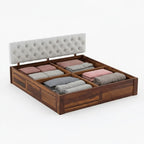 Homecrest Farleigh solid Sheesham wood platform bed with tufted light grey upholstered headboard and box storage