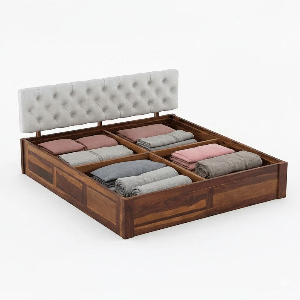 Homecrest Farleigh solid Sheesham wood platform bed with tufted light grey upholstered headboard and box storage