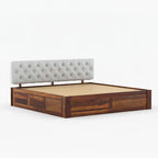 Homecrest Farleigh platform bed in solid sheesham wood with a tufted grey upholstered headboard