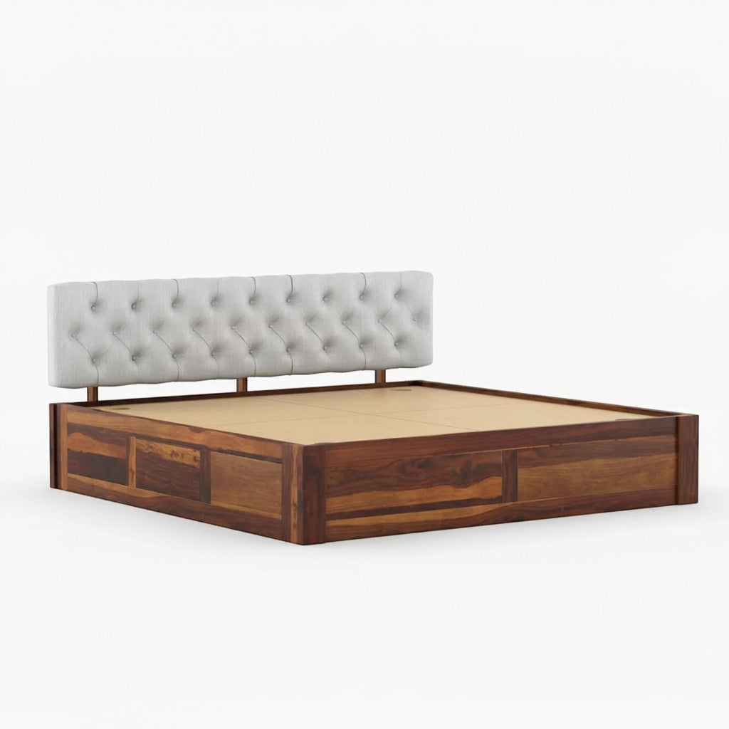 Homecrest Farleigh platform bed in solid sheesham wood with a tufted grey upholstered headboard