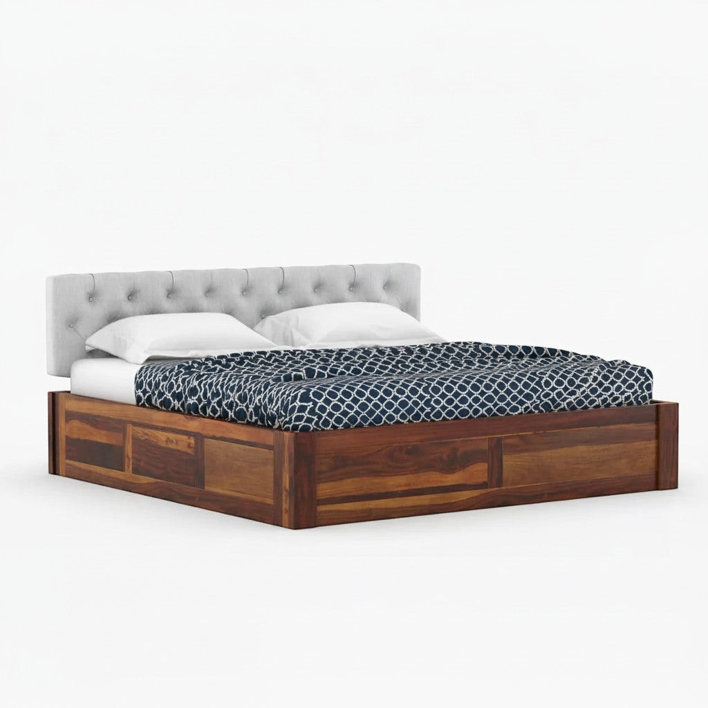 Homecrest Farleigh solid Sheesham wood platform bed with a grey tufted upholstered headboard and box storage base.