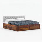 Homecrest Farleigh solid Sheesham wood platform bed with a grey tufted upholstered headboard and box storage base.