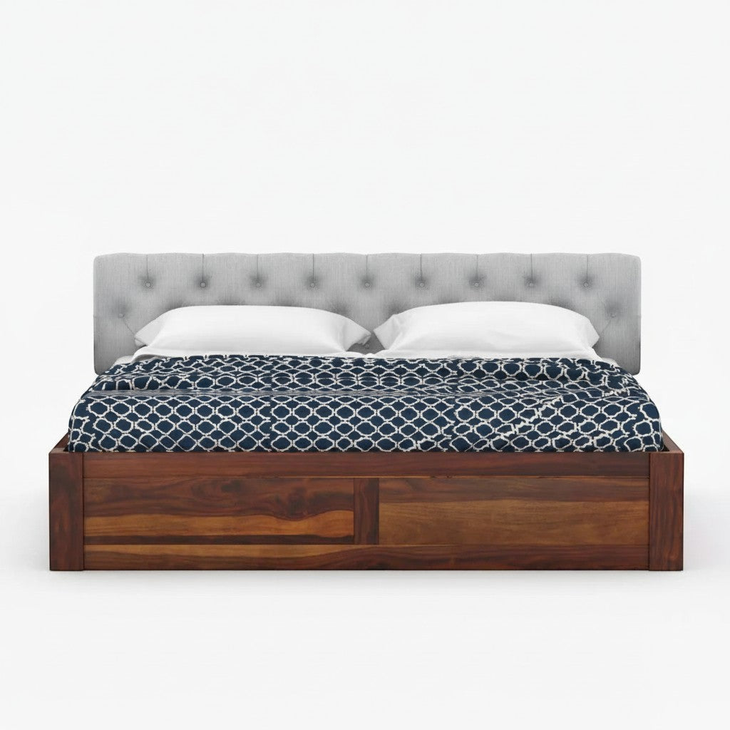 Homecrest Farleigh solid Sheesham wood platform bed with a grey tufted upholstered headboard and box storage.
