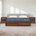 Homecrest Farleigh solid sheesham wood platform bed with grey tufted upholstered headboard and matching nightstands.