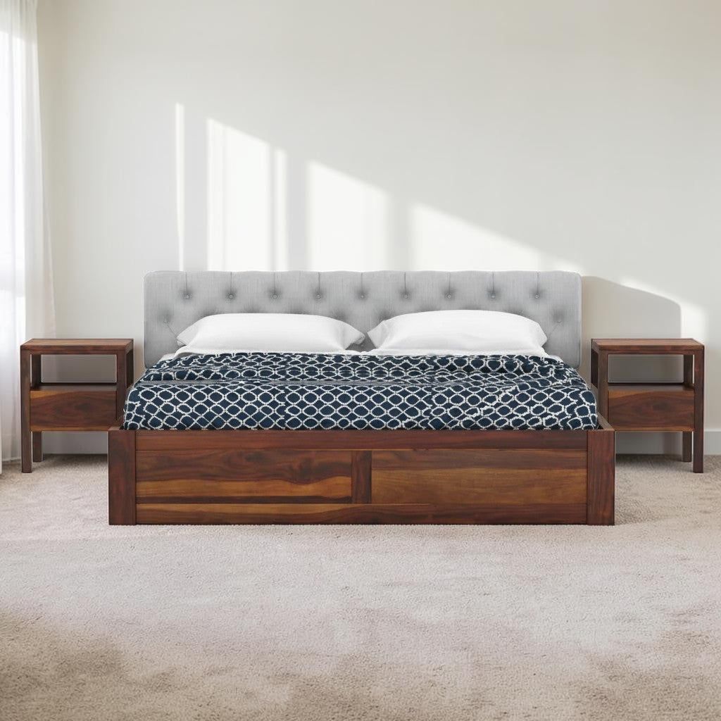 Homecrest Farleigh solid sheesham wood platform bed with grey tufted upholstered headboard and matching nightstands.