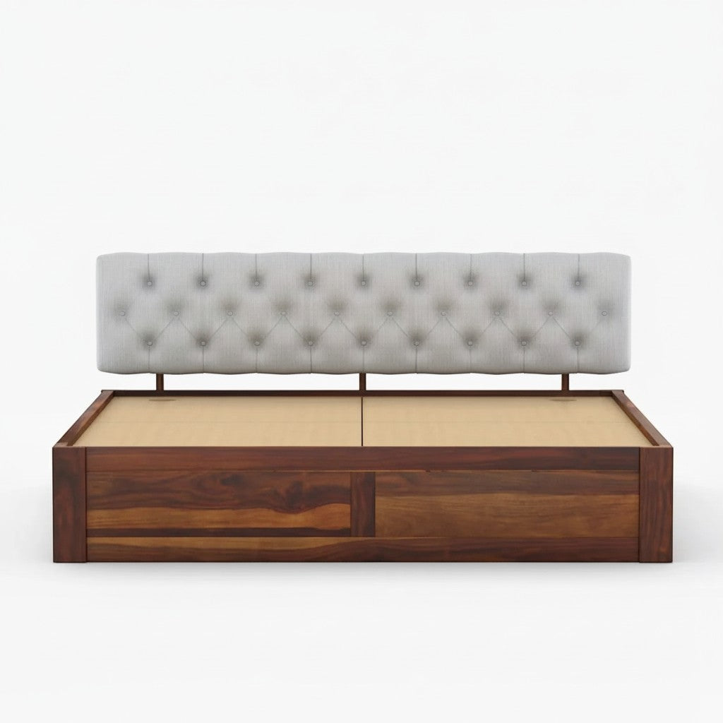 Homecrest Farleigh solid Sheesham wood platform bed featuring a tufted grey upholstered headboard and box storage.
