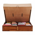 Homecrest Farleigh solid Sheesham wood platform bed with hydraulic storage and beige upholstered headboard open