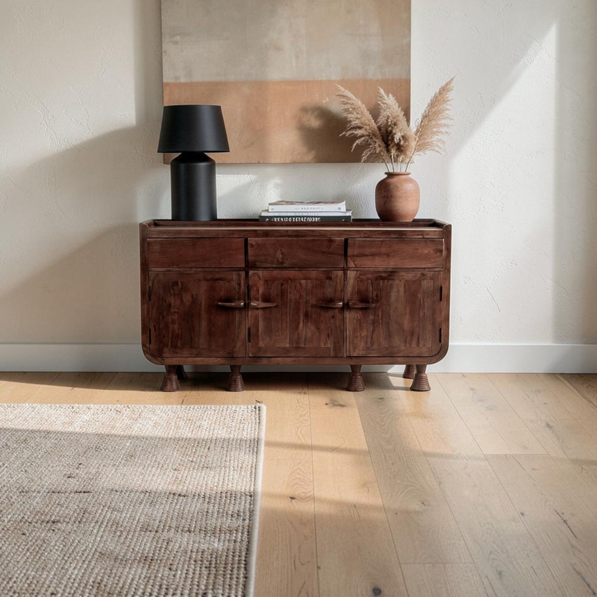 Homecrest Fairholm walnut acacia wood sideboard with contoured shutter doors and unique pedestal legs