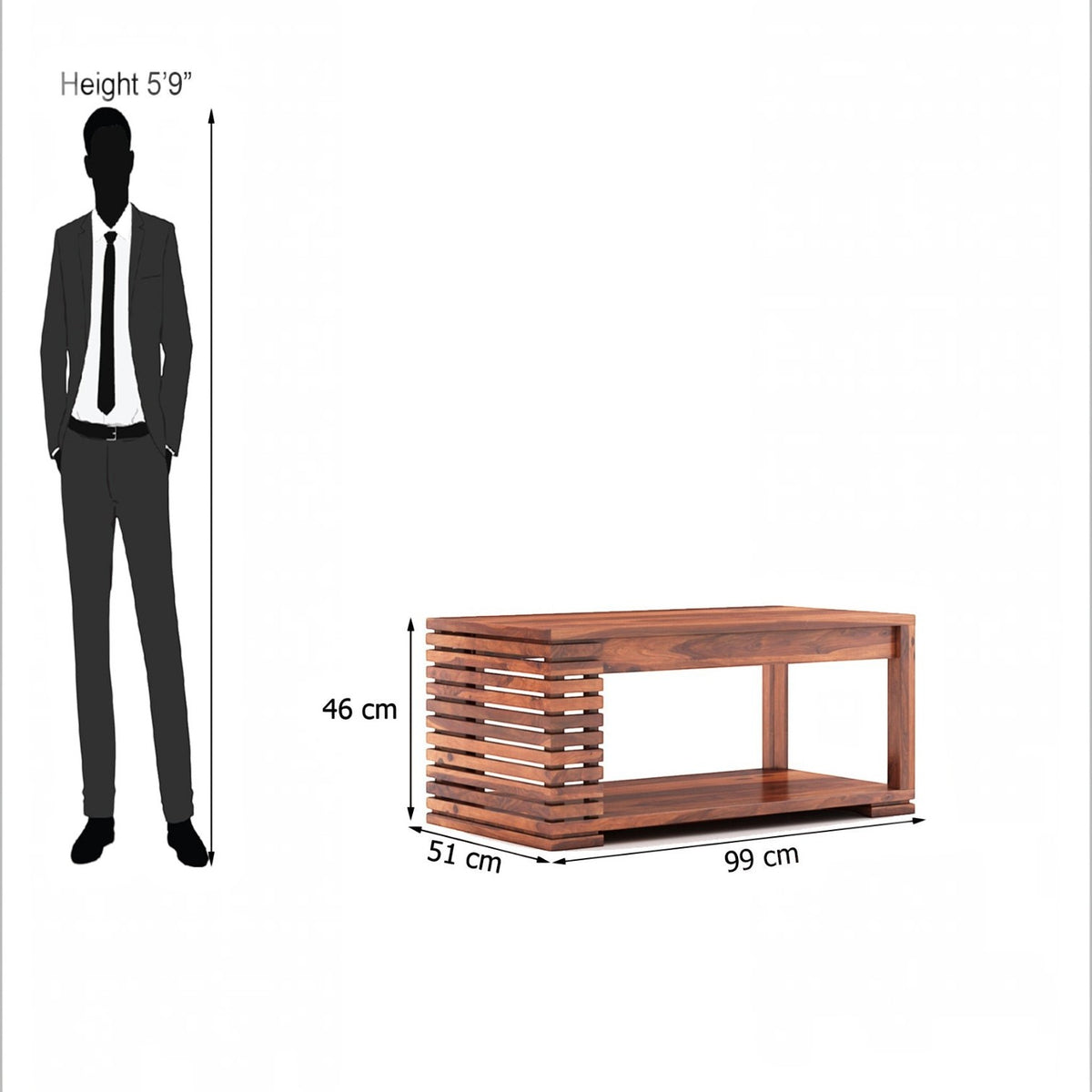 Homecrest Fenwick solid sheesham wood rectangular coffee table with a slatted side and lower storage shelf.