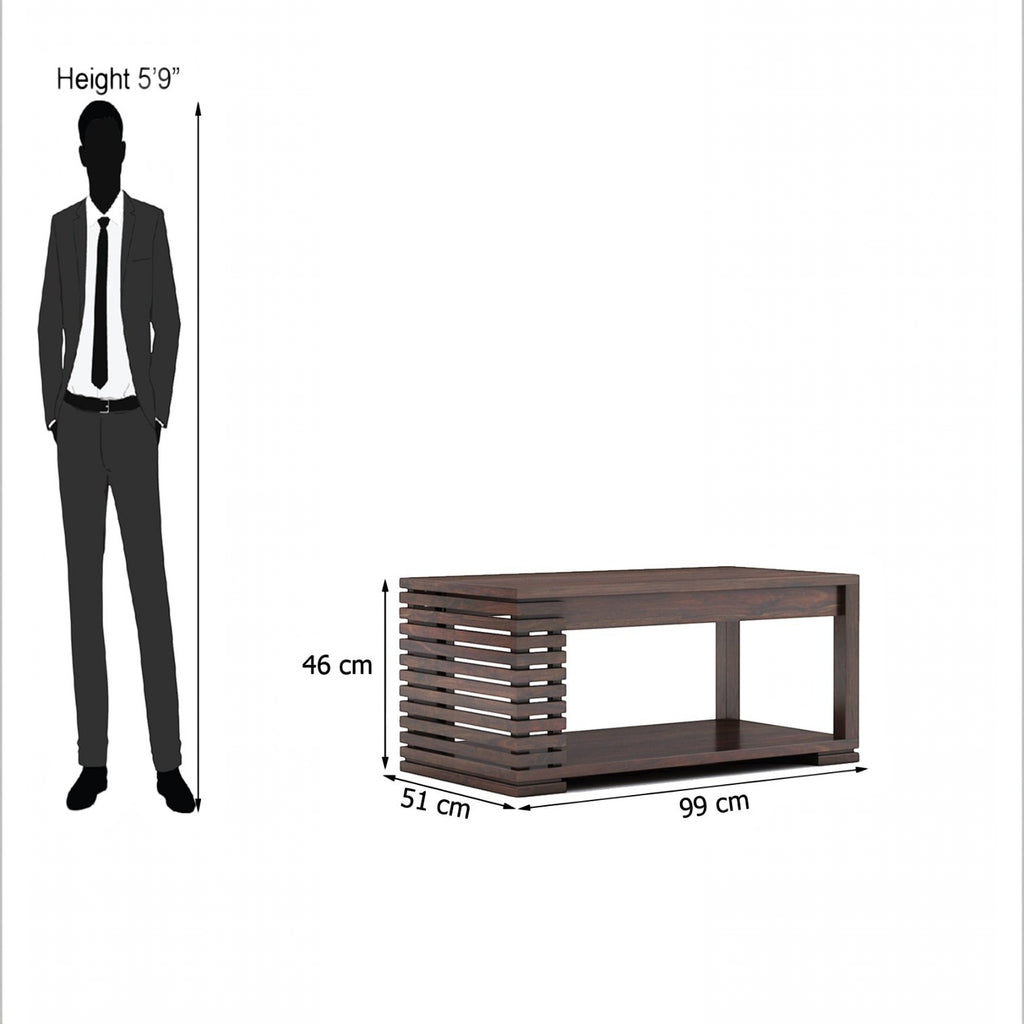 Homecrest Fenwick two-tier rectangular coffee table in dark walnut sheesham wood with a slatted side design