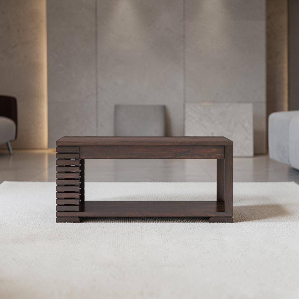 Homecrest Fenwick two-tier rectangular coffee table in dark walnut solid sheesham wood with slatted side detail