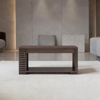 Homecrest Fenwick two-tier rectangular coffee table in dark walnut solid sheesham wood with slatted side detail