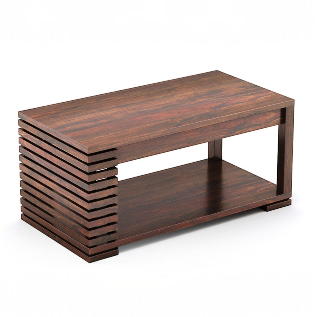 Homecrest Fenwick two-tier rectangular coffee table in dark walnut sheesham wood with slatted side detailing.