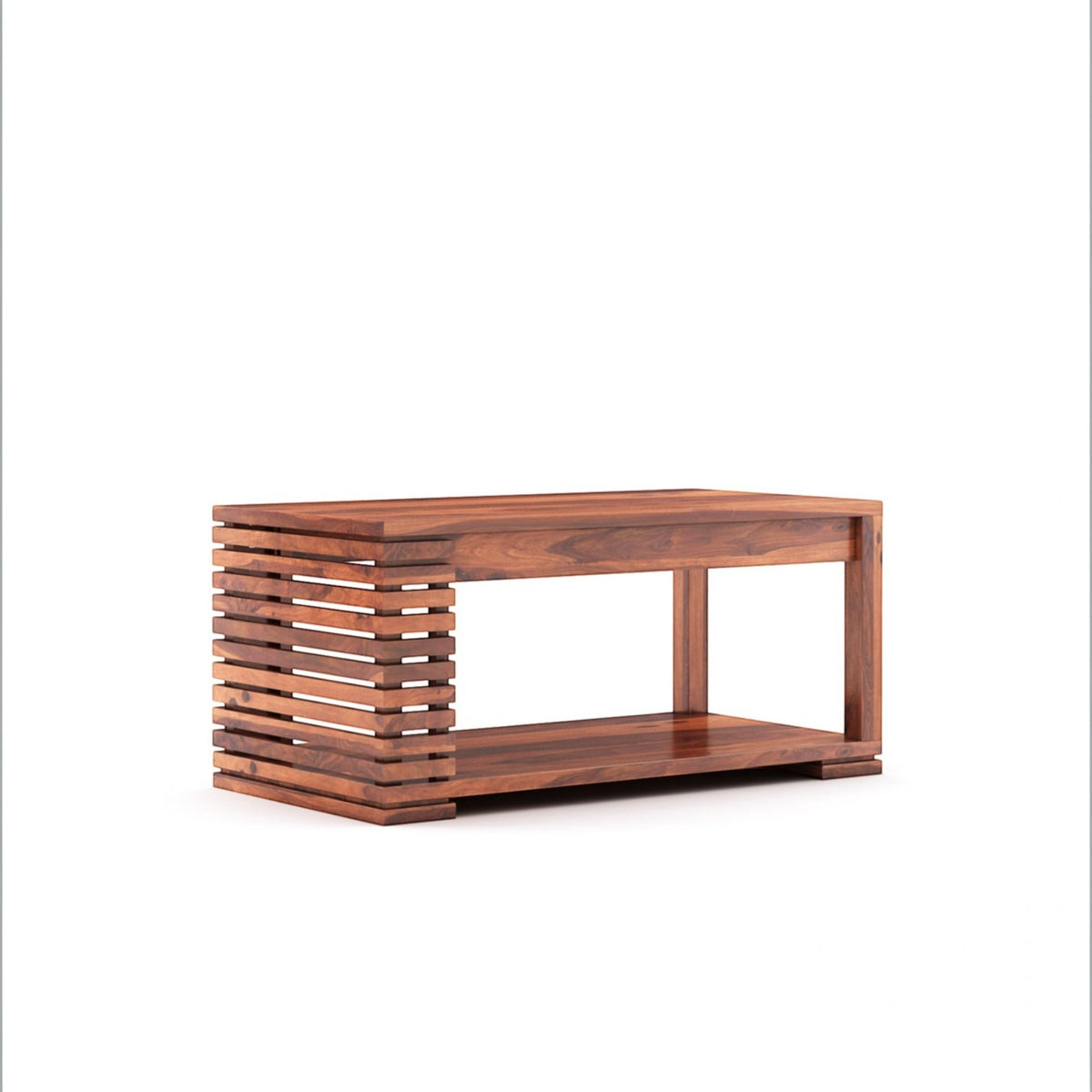 Homecrest Fenwick two-tier rectangular coffee table in solid walnut-finished sheesham wood with slatted side detail.