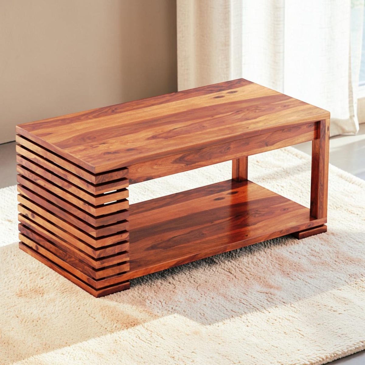 Homecrest Fenwick two-tier rectangular coffee table in solid sheesham wood with a slatted side design