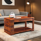 Homecrest Fenwick rectangular two-tier coffee table in solid walnut-finished sheesham wood with slatted side detail.