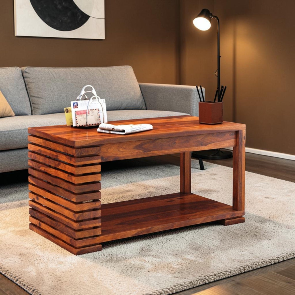 Homecrest Fenwick rectangular two-tier coffee table in solid walnut-finished sheesham wood with slatted side detail.