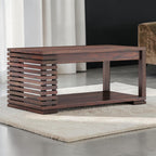 Homecrest Fenwick rectangular two-tier coffee table in walnut-finished solid sheesham wood with slatted side detail.
