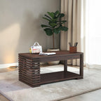 Homecrest Fenwick rectangular two-tier coffee table in walnut-finished solid sheesham wood with slatted side detail.