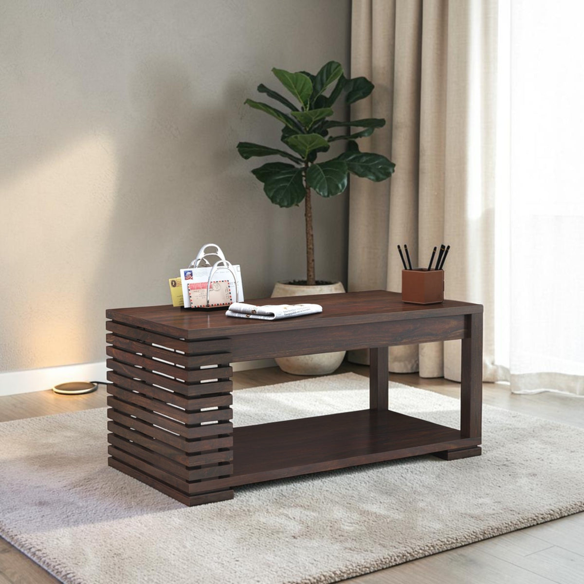 Homecrest Fenwick rectangular two-tier coffee table in walnut-finished solid sheesham wood with slatted side detail.