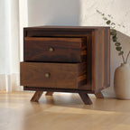 Homecrest Piera mid-century bedside table in dark sheesham wood with two drawers and brass-finish knobs.