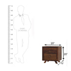 Homecrest Piera mid-century sheesham wood bedside table with two drawers, brass knobs, and tapered legs, scale view.