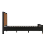 Homecrest Keston black solid mango wood bed frame with natural rattan cane headboard in a side profile view