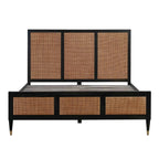 Homecrest Keston bed frame in black solid mango wood with natural rattan cane weaving on headboard and footboard