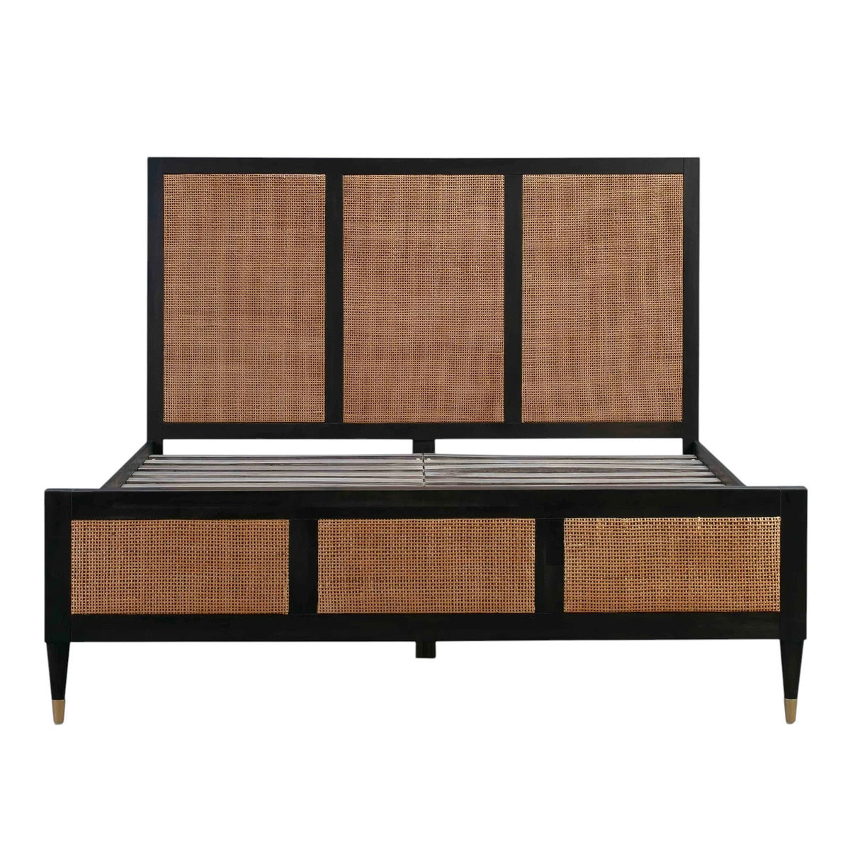Homecrest Keston bed frame in black solid mango wood with natural rattan cane weaving on headboard and footboard