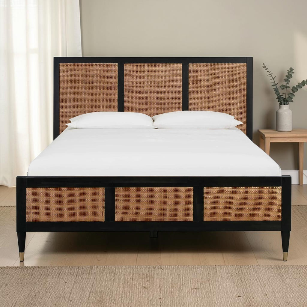 Homecrest Keston black solid mango wood bed frame with natural rattan cane weaving on headboard and footboard