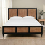 Homecrest Keston black solid mango wood bed frame with natural rattan cane weaving on headboard and footboard