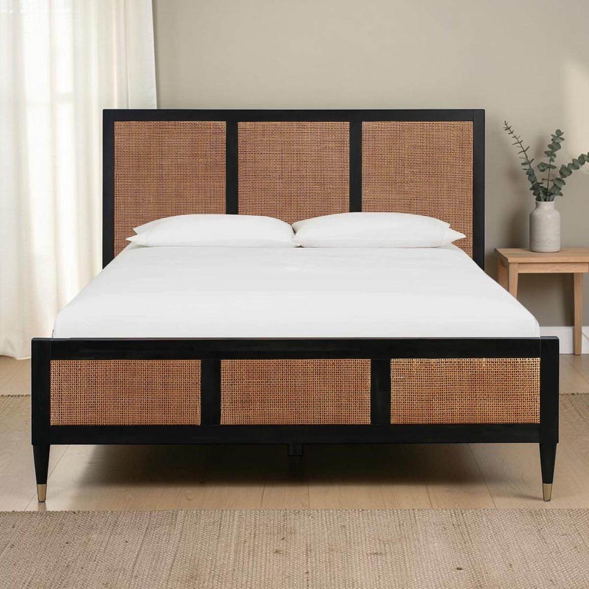 Homecrest Keston black solid mango wood bed frame with natural rattan cane weaving on headboard and footboard