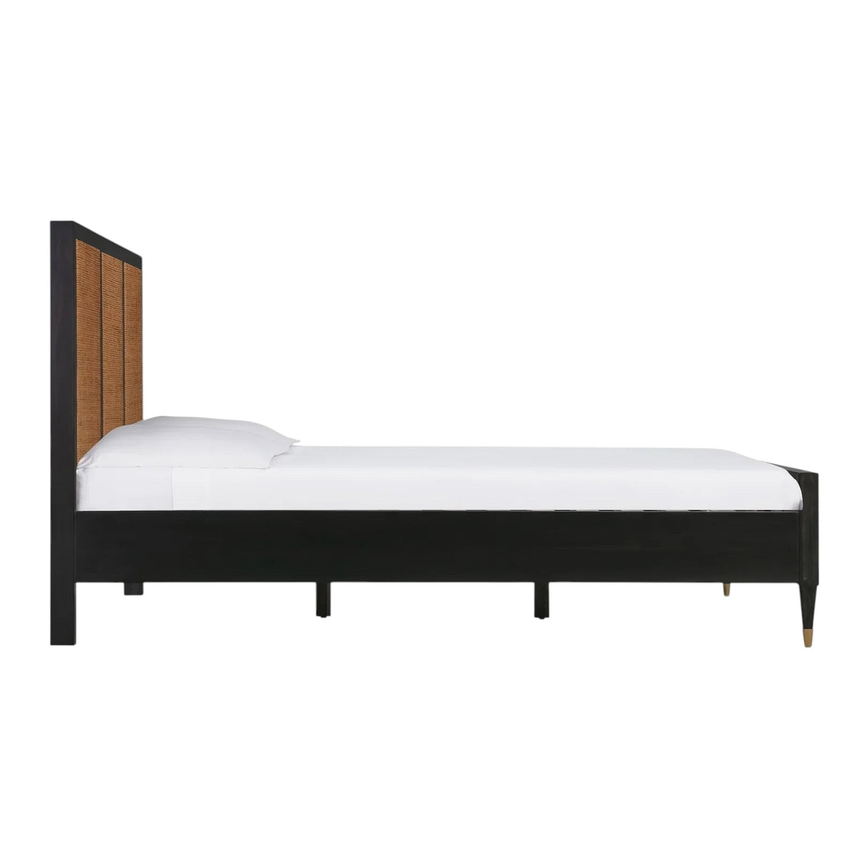 Homecrest Keston black solid mango wood bed frame with natural rattan cane headboard, side profile view.