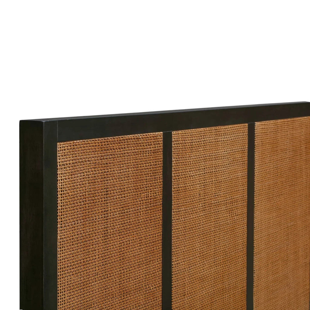 Homecrest Keston bed headboard in black solid mango wood with natural rattan cane weaving panels