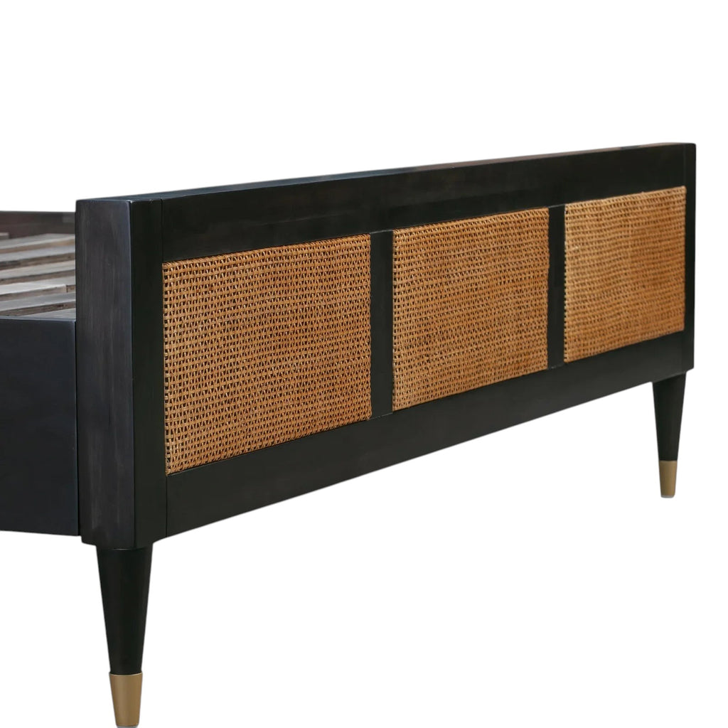 Homecrest Keston black solid mango wood bed frame with natural rattan cane weaving panels and tapered legs