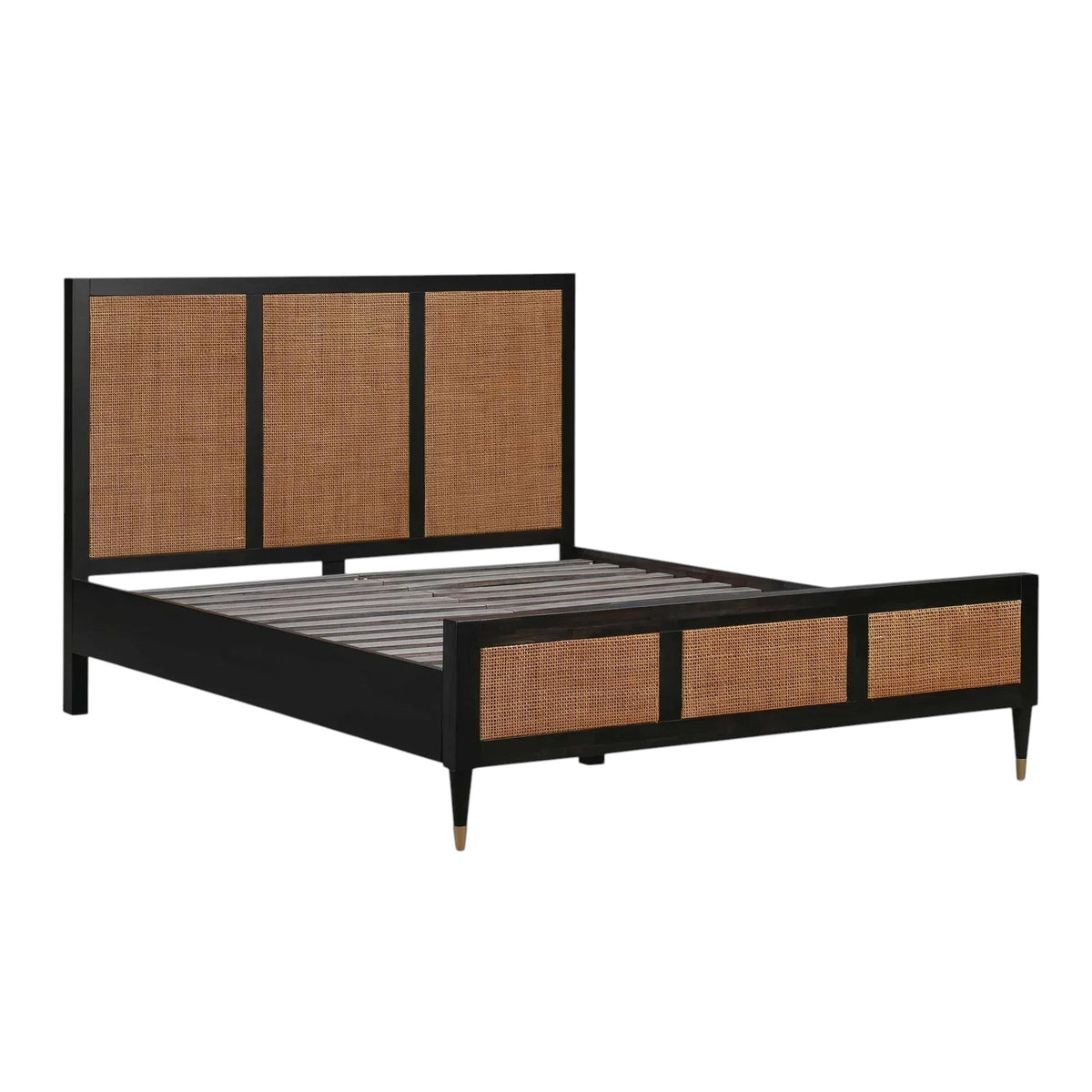 Homecrest Keston black solid mango wood bed frame with natural rattan cane weaving panels in a modern design