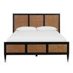 Homecrest Keston black solid mango wood bed frame with natural rattan cane headboard and footboard panels