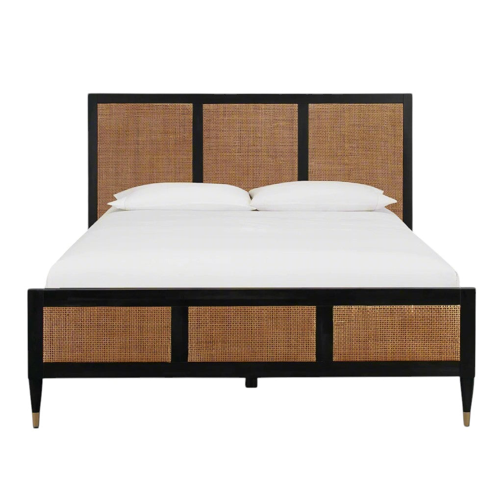 Homecrest Keston black solid mango wood bed frame with natural rattan cane headboard and footboard panels