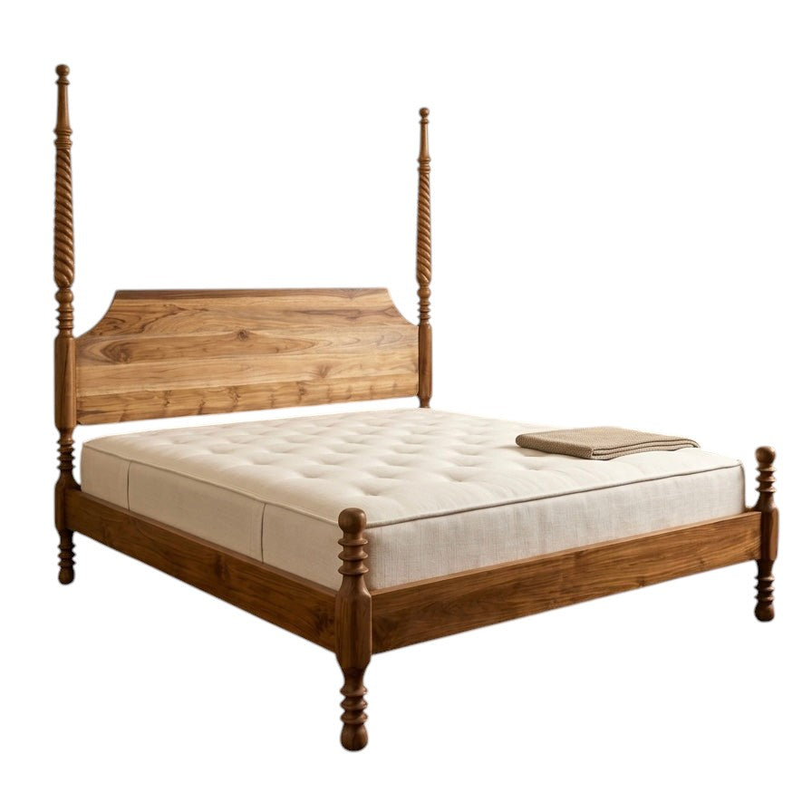 Homecrest Fordham poster bed in natural acacia wood with a statement headboard and intricately carved bedposts