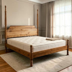Homecrest Fordham poster bed in natural acacia wood with carved spiral posts and a statement headboard.