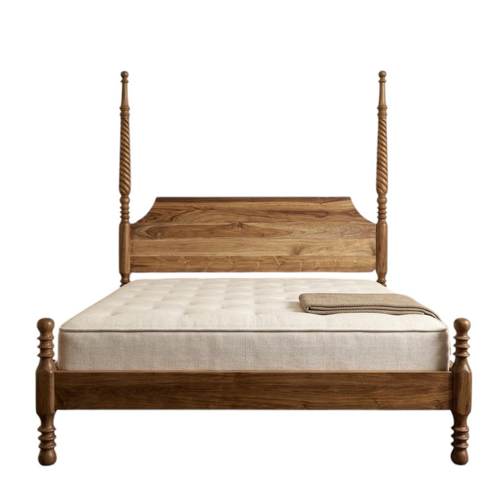 Homecrest Fordham poster bed in natural acacia wood with a statement headboard and intricately carved spiral posts.