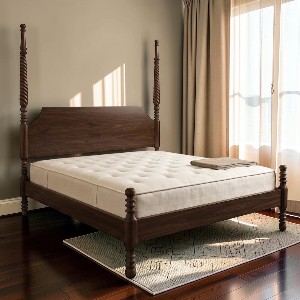 Homecrest Fordham poster bed in walnut acacia wood with a statement headboard and intricately carved spiral posts.