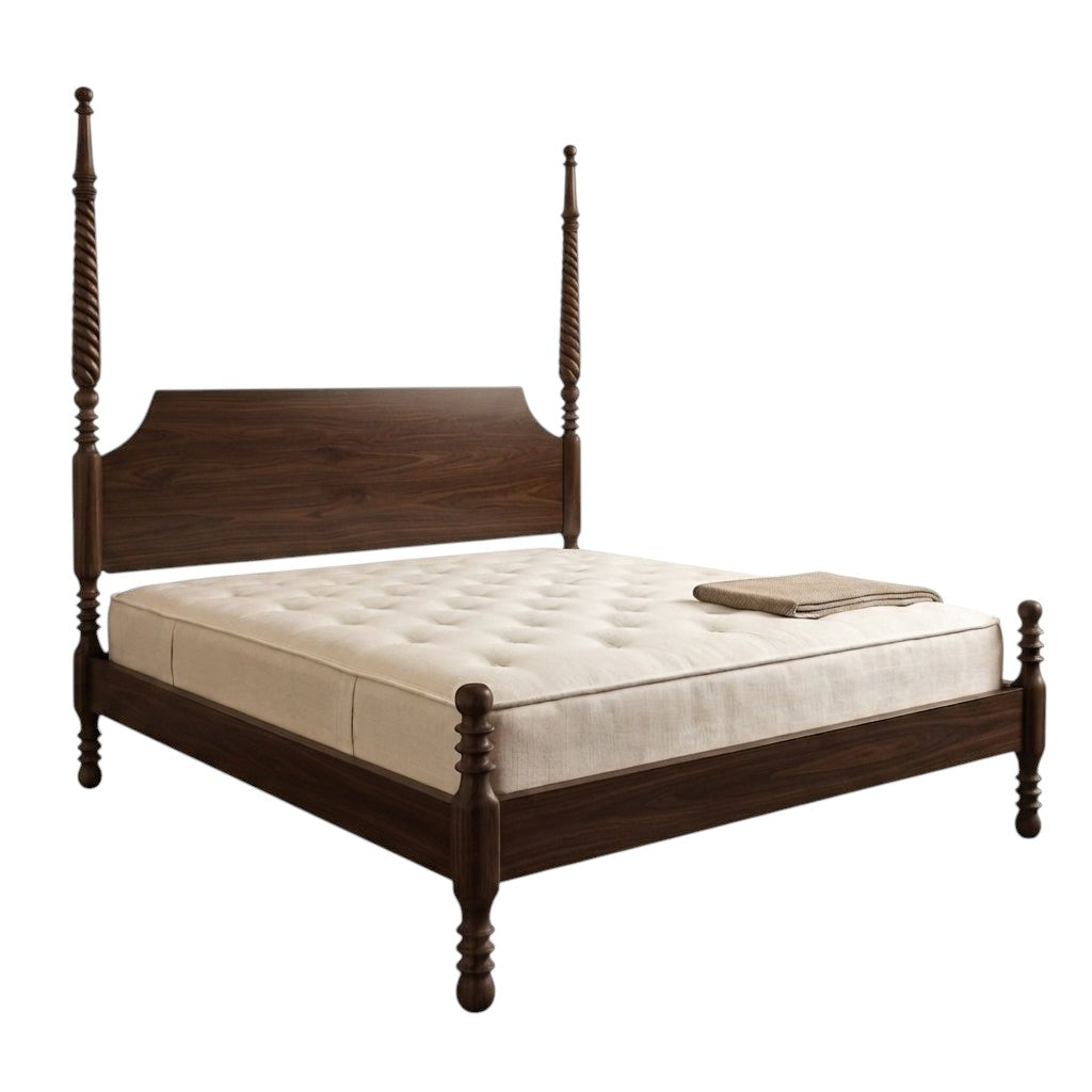 Homecrest Fordham poster bed in walnut acacia wood with a statement headboard and intricately carved bedposts.