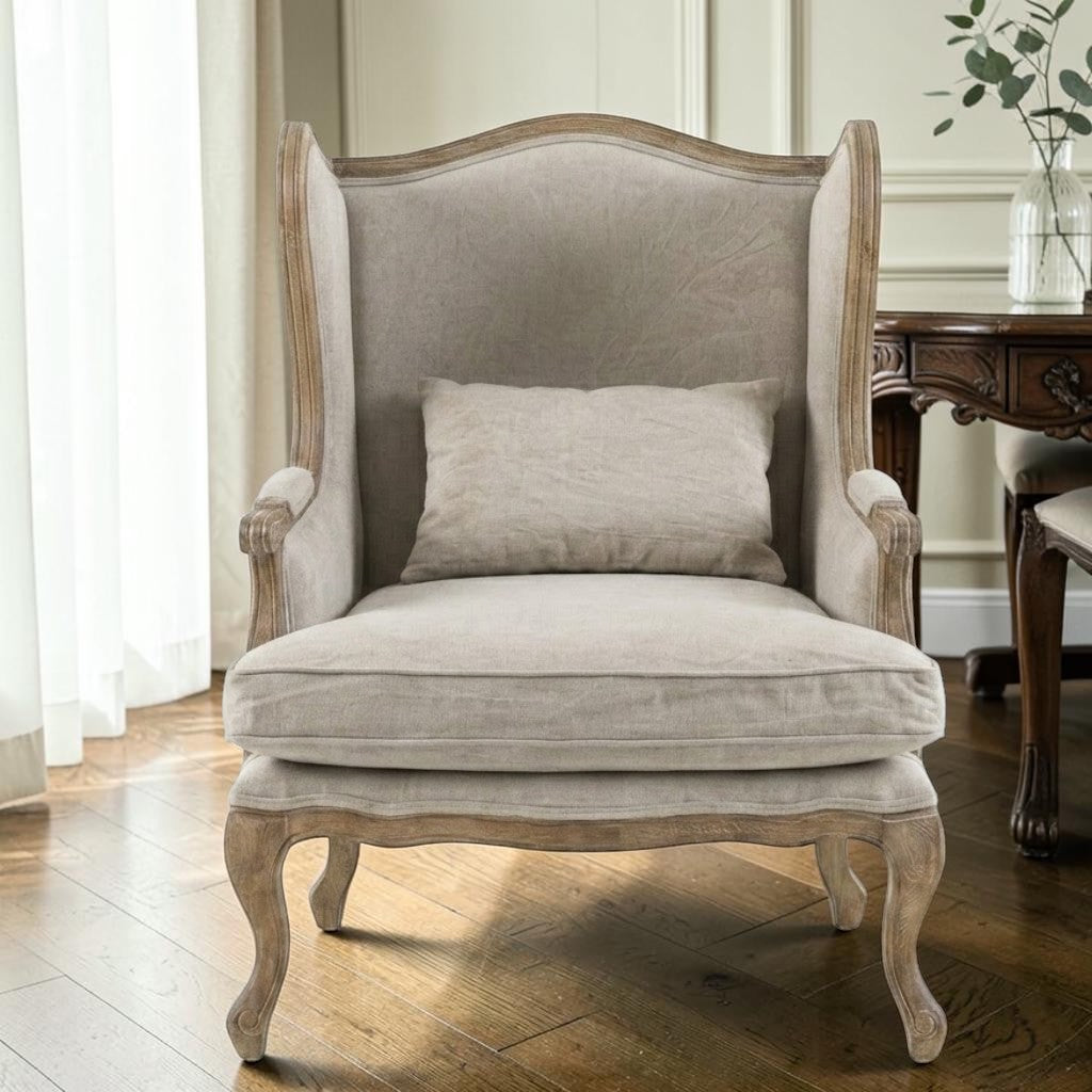 Homecrest Grantham grey fabric armchair with a solid wood frame and wingback design in a classic living room.