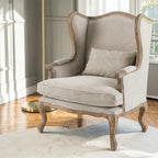 Homecrest Grantham grey fabric wingback armchair with a solid wood frame and carved cabriole legs